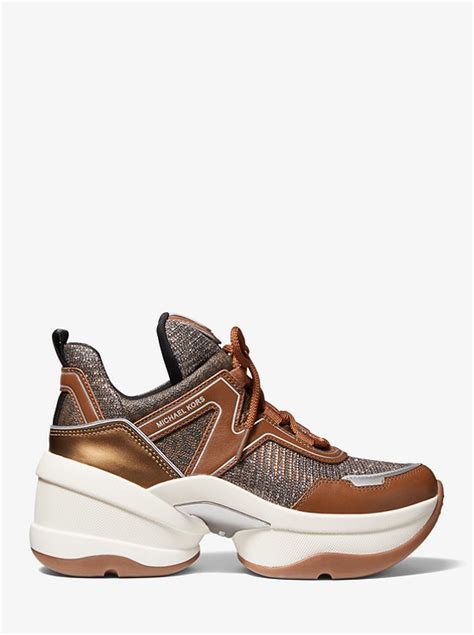 michael michael kors olympia glitter chain mesh and leather trainer|Michael Kors Metallic Olympia Glitter Chain.